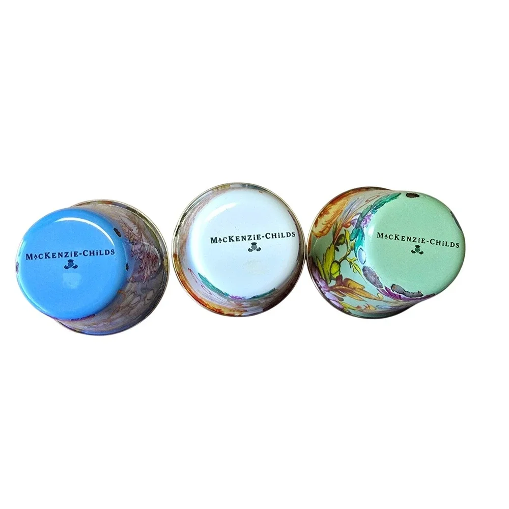 MacKenzie-Childs Flower Market Enamel Tumblers Set of 3 Blue White Green Floral